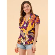 A great shirt to be paired with shorts or jeans. Enjoy the summer with the help of the Hawaiian leaf-printed shirt. Lend a touch of charm to your new season wardrobe with this shirt. Whether on carnivals, festivals, vacations, on the beach, or even at a theme party, you will certainly receive many compliments. Suitable for wearing to the beach. Purple Summer Vacation Shirt, Purple Short Sleeve Vacation Tops, Purple Short Sleeve Top For Vacation, Purple Short Sleeve Shirt For Vacation, Casual Floral Print V-neck Hawaiian Shirt, Summer Vacation Short Sleeve Shirt With All Over Print, Trendy Purple Summer Shirt, Purple V-neck Summer Shirt, Casual Hawaiian Shirt With Floral Print