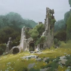 a painting of an old castle in the woods