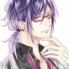 an anime character with purple hair and glasses