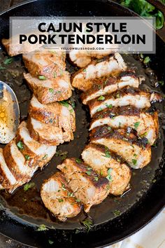 grilled pork tenderies in a cast iron skillet