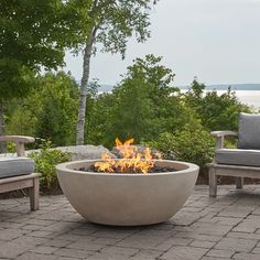 an outdoor fire pit sitting on top of a brick patio next to trees and bushes