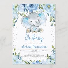 a baby shower card with an elephant and blue flowers