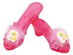 a pair of pink slippers with princesses on the front and bottom, decorated with feathers