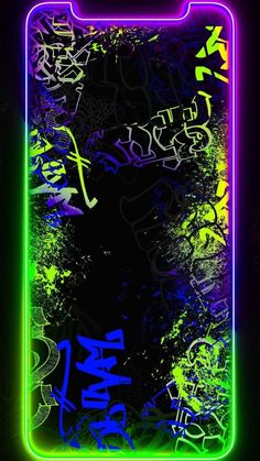 an abstract painting with neon lights and graffiti on the back side of a cell phone case