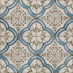 a blue and green tile pattern with flowers on the bottom, in an old style