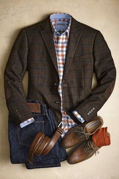 Johnston & Murphy. Wool-Blend Blazer, Herringbone Check Shirt, J & M Denim, Perfed-Edge Belt, Pima Cotton Socks, Tyndall Wingtip.