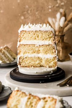 a slice of cake sitting on top of a plate next to another piece of cake