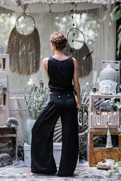 Black Silk Pants for Women Loose Wide Pants Sexy Palazzo | Etsy Pants With Skirt Overlay, White Boho Skirt, Pants With Skirt, Black Silk Pants, Coachella Inspiration, Organic Clothing Women, Pants Boho