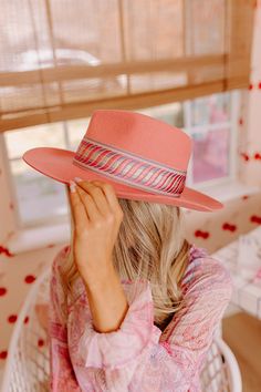 Make a statement in our eye-catching pink 'Make Amends' fedora featuring lightweight wool material, a curved 3-inch brim, and a wide serenity hued embroidered accent band! Hat Dimensions: Length - 15.5 Inches Width - 14.5 Inches Height - 5 Inches Cranial Circumference - 23 Inches Fitted Wide Brim Felt Hat For Spring, Spring Fitted Wide Brim Felt Hat, Spring Fedora With Flat Brim, One Size, Spring Fedora With Flat Brim, One Size Fits Most, Spring Fedora With Flat Brim, Pink Fitted Brimmed Fedora, Fitted Pink Brimmed Fedora, Pink Adjustable Hat Bands For Winter, Spring Fitted Felt Hat With Flat Brim