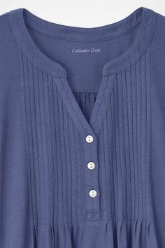 Our pintucked knit A-line tunic offers favorite henley styling with a notched "V" at the neck and contrasting metal buttons. A-line silhouette with fine pintucks in front and soft shirring under the back yoke. Imported. | Women's Pintucked Knit Henley A-line Tunic Top - Fig - PS - Petite Size Tunic Tops For Women, Knit Denim, Cotton Viscose, Coldwater Creek, Long Sleeve Tunic, Pin Tucks, Petite Size, Metal Buttons, Tunic Top