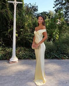 Off Shoulder Satin Bridesmaid Dress - Yellow - Aunomay Bright Weddings, Yellow Formal Dress, Natalie Rolt, Black Tie Wedding Guest Dress, Fancy Stuff, Black Tie Wedding Guests, Yellow Bridesmaid Dresses, Classy Prom Dresses, Wedding Dresses With Flowers