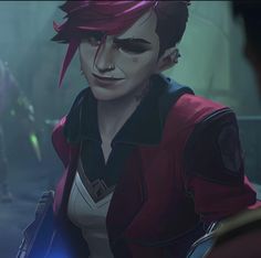 an animated character with red hair and piercings holding a light saber in front of another character