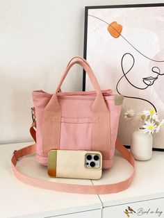 BirdinBag - Stylish Canvas Bag with Handle & Adjustable Shoulder Strap Pink Canvas Satchel With Adjustable Strap, Pink Cotton Canvas Bag With Adjustable Strap, Pink Rectangular Canvas Bag With Adjustable Strap, Eco-friendly Pink Canvas Shoulder Bag, Eco-friendly Rectangular Canvas Bag With Adjustable Strap, Pink Pattern, Canvas Bag, Shoulder Strap, Composition