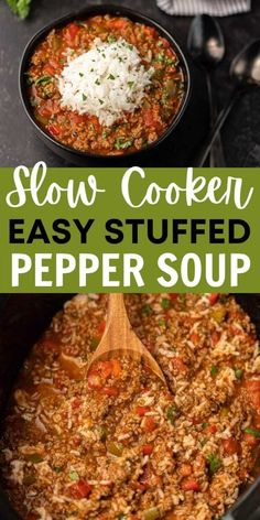 slow cooker easy stuffed pepper soup in a black pot with a wooden spoon on the side