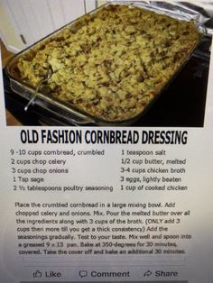 an old fashion cornbread dressing recipe is shown in this advertiser's brochure