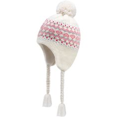 a white and pink hat with pom - pom