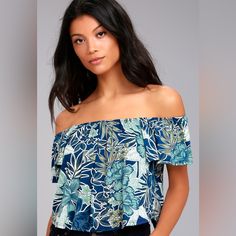 Out Of Stock Nwot. Never Worn Details Size M Color: Blue Floral Unlined. Self: 95% Rayon, 5% Spandex. Hand Wash Cold. Made With Love In The U.S.A. Style 510202 Smoke & Pet Free Home!! Blue Off-shoulder Top With Floral Print, Blue Off-shoulder Floral Print Tops, Purple Bodysuit, Festival Crop Tops, Navy Blue Print, Long Sleeve Wrap Top, Floral Print Kimono, Maxi Tops, Black Sleeveless Top