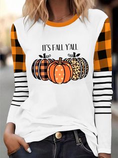 An exclusive offer for you——Affordable prices at Zolucky store, SPU: 294GT-8M4A74, Color: Orange, Activity:Daily, Neckline:Crew Neck. Halloween Fashion, Casual Spring, Halloween T Shirt, It's Fall, Fall Shirts, Neck Pattern, Halloween Tshirts, Spring And Fall, Color Orange