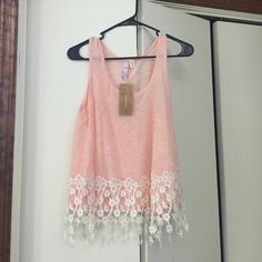 Gorgeous Coral Sheer Top From Francesca's! Feminine Lace Patchwork Tank Top For Spring, Pink Lace Tank Top With Lace Trim, Spring Pink Lace Top With Patchwork, Pink Lace Tank Top For Summer, Pink Lace Top With Patchwork For Spring, Spring Lace Crochet Top, Spring Pink Lace Patchwork Top, Pink Lace Tank Top For Spring, Pink Lace Trim Top For Spring