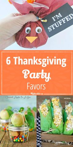 six thanksgiving party favors with text overlay