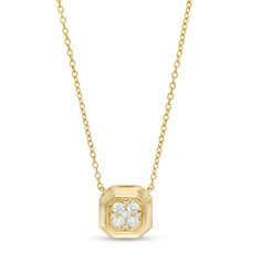 Add sparkle to all your favorite looks with this dainty yet eye-catching octagon-shaped multi-diamond necklace in yellow gold. Crafted in warm 10K gold The octagonal composite of diamonds sparkles in a beveled-edge frame. Captivating with 1/4 ct. t.w. of diamonds This design suspends centered along an 18.0-inch cable chain, with an additional closure ring at 16.0 inches, that secures with a lobster claw clasp. Elegant Yellow Gold Octagon Diamond Necklace, Elegant Octagon Yellow Gold Diamond Necklace, Elegant Octagon Diamond Necklace, Classic Octagon Necklaces With Diamond Accents, Elegant Octagonal Diamond Necklace, Yellow Gold Diamond Octagon Necklace, Octagon Diamond Necklace In Yellow Gold, Elegant 14k Gold Hexagon Necklace, Elegant Octagon Yellow Gold Necklace