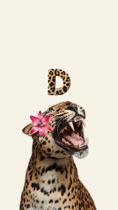 a leopard with its mouth open and the letter d on it's head is shown