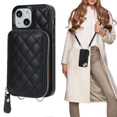 a woman is holding an iphone case and standing next to her cell phone with the cover open