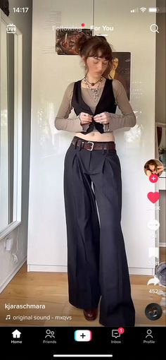 Julien Baker Concert Outfit, Going To The Theater Outfit, Adrianne Lenker Concert Outfit, Vest And Wide Leg Pants Outfit, Steampunk Outfits Women Modern, Outfits For A Night Out Clubbing, Layering Vest Outfits, Full Length Tops Outfit, Styles To Try Clothes