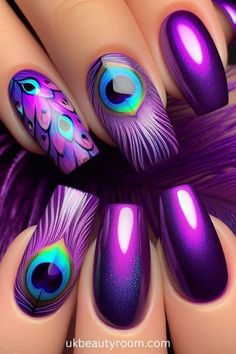 Peacock Nail Designs, Peacock Nails, Purple Gel Nails, Nails Design With Rhinestones, Purple Nail, Soft Lavender