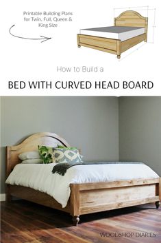 the bed with curved headboard is made from wood and has no sheets on it