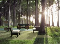 the sun shines brightly through the trees in this park area with benches and tables