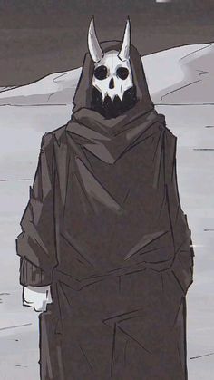 a man in a black robe with horns and a skull on his head is walking through the snow