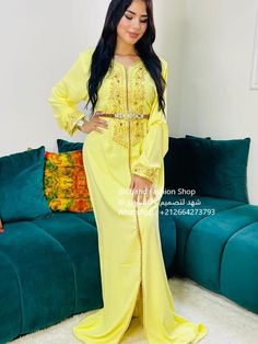 Yellow feminine and elegant Moroccan Caftan - For Special Occasions Elegant Maxi-length Kaftan, Elegant Fitted Long Sleeve Kaftan, Yellow Abaya For Eid, Elegant Spring Floor-length Kaftan, Fitted Elegant Kaftan For Spring, Yellow Long Sleeve Kaftan For Wedding, Elegant Yellow Kaftan For Eid, Moroccan Dress, Moroccan Caftan