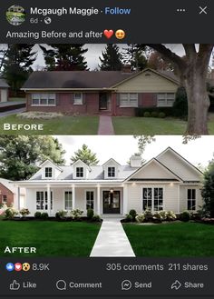 before and after photos of a house in the front yard, then on the outside