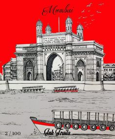 a red and white drawing of a boat in front of a building with an arch