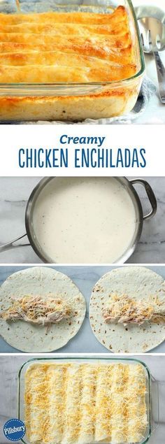 chicken enchiladas in pans with text overlay that reads creamy chicken enchiladas