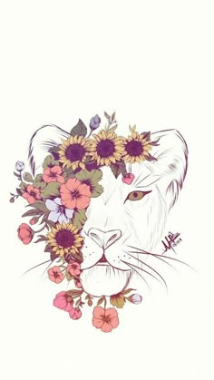 a drawing of a cat with flowers on its head