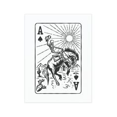 a playing card with an image of a man on a horse in the middle of it