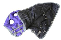 a purple and black jacket with silver straps on it's back, sitting in front of a white background