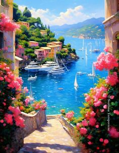 an oil painting of boats on the water and flowers in front of buildings with pink flowers