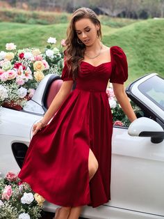 Ruched Fake Button Puff Sleeve Sweetheart Neck Split Thigh Satin Dress | SHEIN USA Satin Dress Outfit, Fashion Infographic, Red Dress Sleeves, Red Satin Dress, Hello December, Frock For Women, Red Bridesmaid Dresses, Maroon Dress, Shein Dress