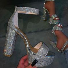 Sexy Ankle Strap High Heels Rhinestones Sandals sold by KoKo Fashion on Storenvy Shoes Heels Prom, Chunky Heel Platform Sandals, Sequin Sandals, Summer High Heels, Heels Prom, Cute Shoes Heels, Prom Heels, Ankle Strap High Heels, Glitter Heels