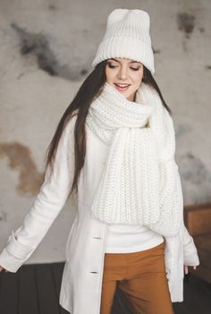 Cozy White Winter Scarves, Cozy Knitted White Scarves, Knit Neck Warmer, Thick Scarf, Big Knits, Winter Shawl, Scarf For Women, Wool Winter, Neck Warmer