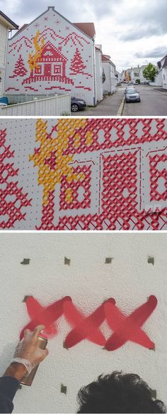 three different pictures with some red and yellow designs on the side of a white building