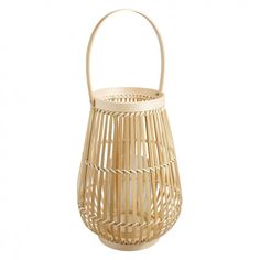 a bamboo basket with handle is shown on a white background