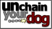 the words unchain your dog are in red and black letters on a white background