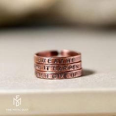 This listing features a set of three personalized textured copper rings that have been hand stamped, oxidized to bring out the details and polished for shine. You will receive 3 rings as per picture 1. GIVEN WORDS: BREATHE / MAKE IT HAPPEN / NEVER GIVE UP If you want your own special Pinky Rings For Women, Stackable Name Rings, Rings Stacking, Stamped Ring, Stamped Rings, Personalized Quotes, Stacking Ring Set, Three Rings, Paper Gift Box