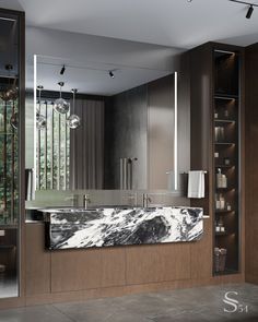 a bathroom with a marble sink and large mirror on the wall, along with shelving units