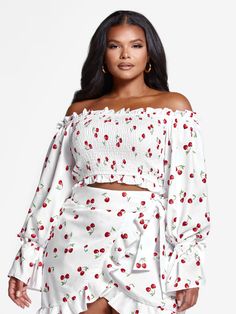 Plus Size Tatiana Off The Shoulder Cherry Print Top | Fashion to Figure Striped Wide Leg Pants, Fashion To Figure, Cherry Print, Plus Size Top, Print Crop Tops, Front Tie Top, Cut Off Shorts, Print Top, Print Tops