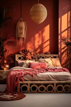 a bed with pink sheets and pillows in a room filled with potted plants on the wall